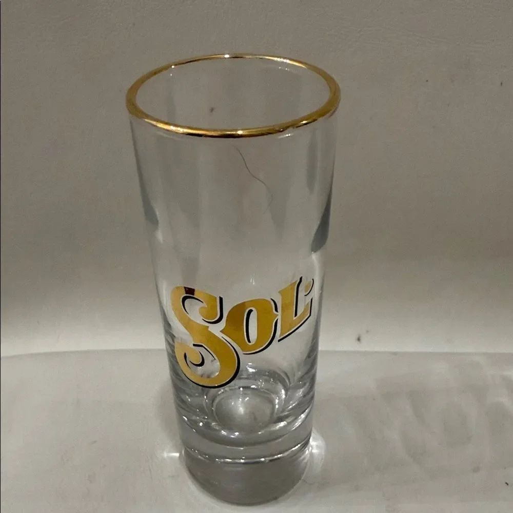 Sol Tequila Gold Rim 4 Oz Clear Shot Glass Gold Trim 4 1/4 In Tall 1 1/2 Round